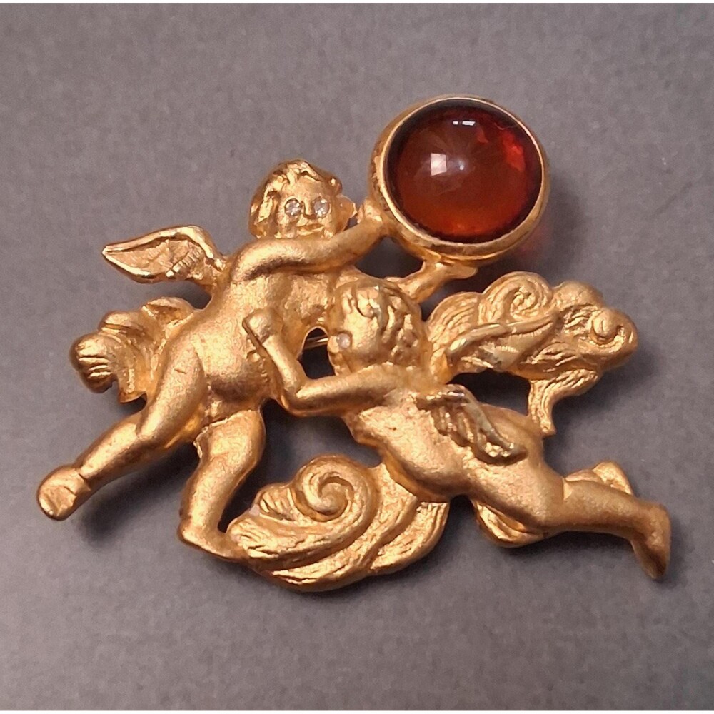 Vintage Angels Brooch Orange Stone Marked LS